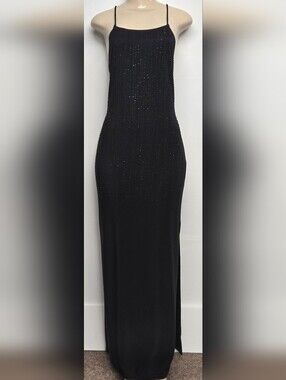 Mandee L Long Black Slinky Stretch Knit Dress Subtle Sparkle Seed Beads